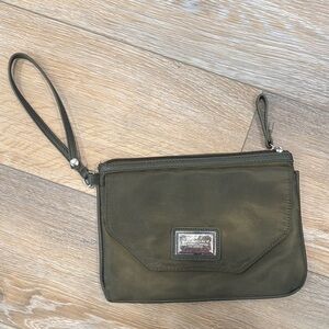 SPRING CLEANING Deep Olive Green Clutch with Wrist Strap and Durable Fabric